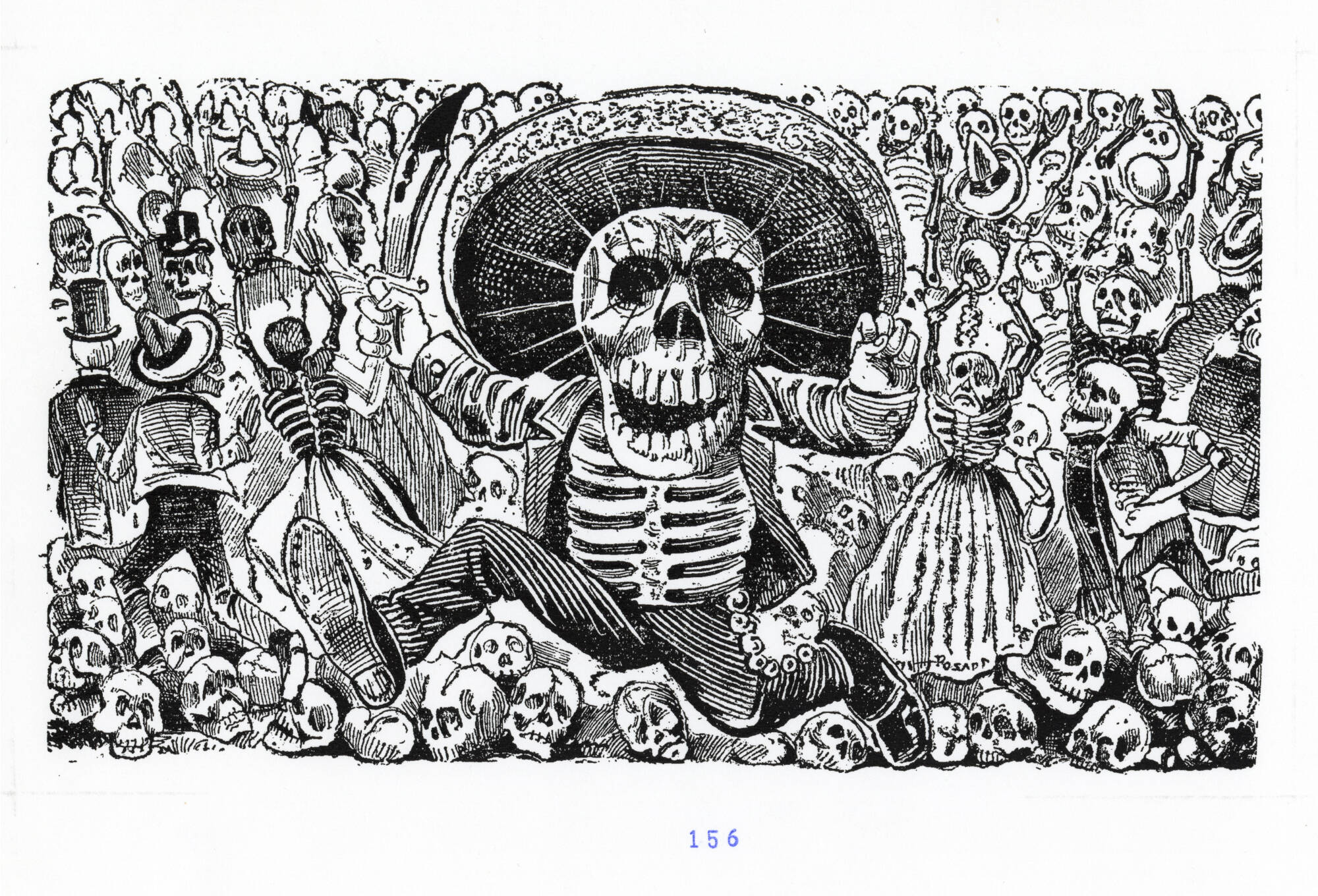 It features a skeleton in clothes in the center holding a bloody knife with its mouth wide open. The background is a crowd of skeletons rioting and protesting, wearing common people clothing.